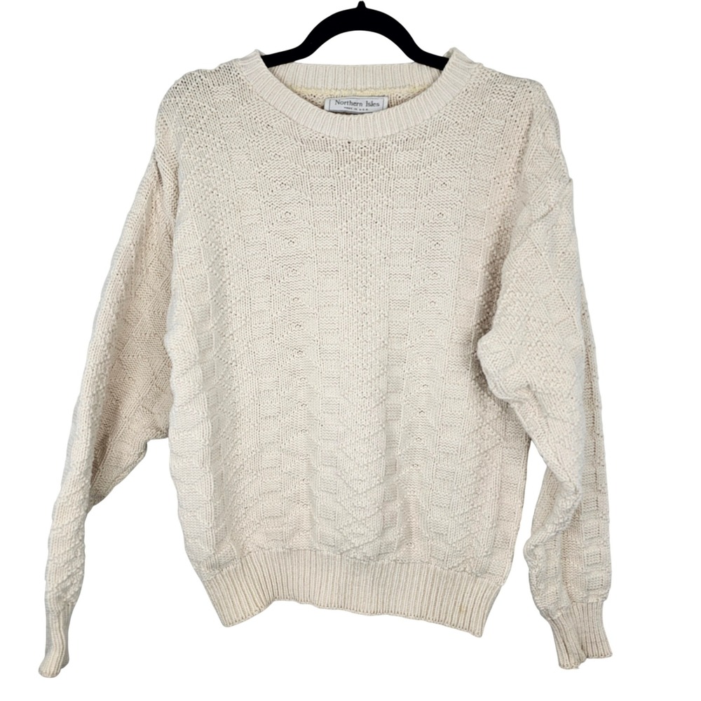 Northern Isles Vintage Cream Basketweave Knit Crewneck Sweater‎ Made in USA